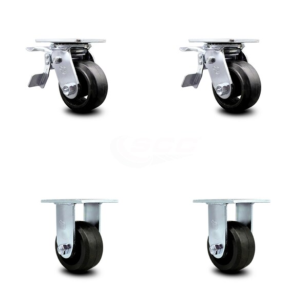 4 Inch Rubber on Steel Caster Set with Ball Bearings 2 Brakes 2 Rigid SCC
